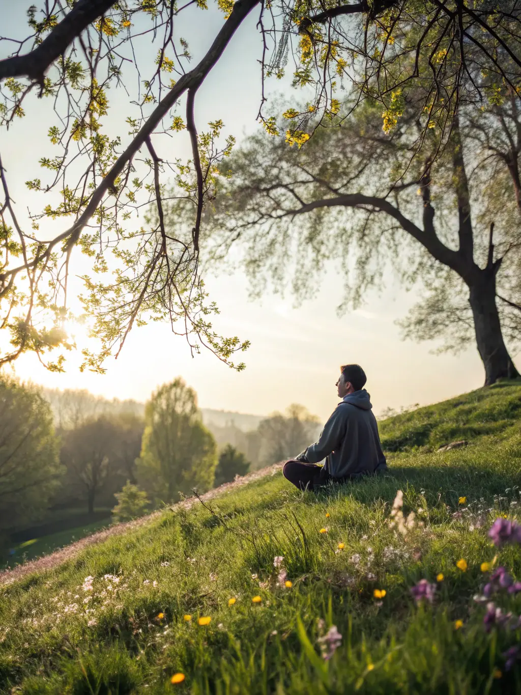 An inspiring image of a person meditating outdoors in a UK park, symbolising mindset development for Mindset and Resilience Training.