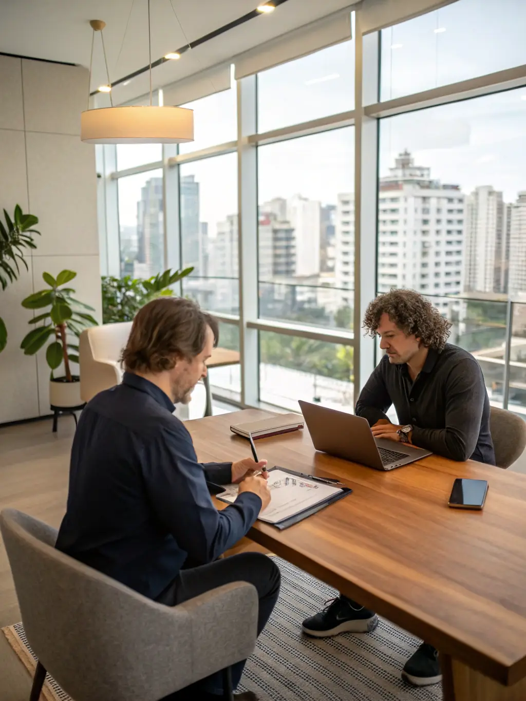 A professional coach discussing career goals with a client, with a UK cityscape visible through a window, representing Career Development Sessions.