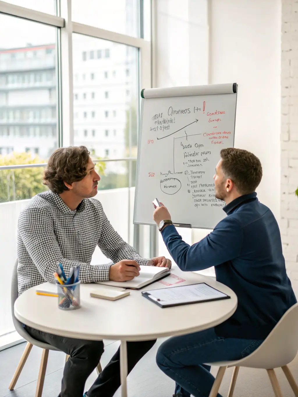 A focused individual receiving career advice from a coach in a co-working space, with laptops and notebooks on the table, highlighting career development.