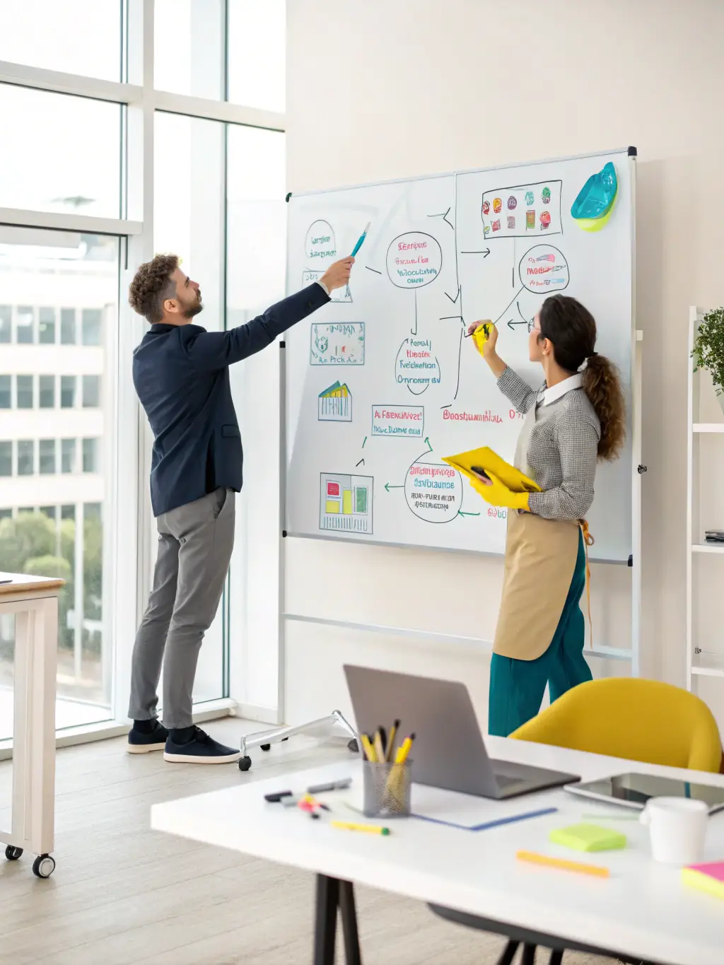 A professional business coach in a modern office setting, guiding a client through a strategic planning session, with charts and graphs visible in the background, emphasizing business growth.