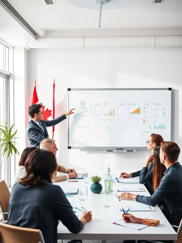 A coach leading a workshop on mindset and resilience, with participants engaged in interactive exercises, set against a backdrop of motivational posters.