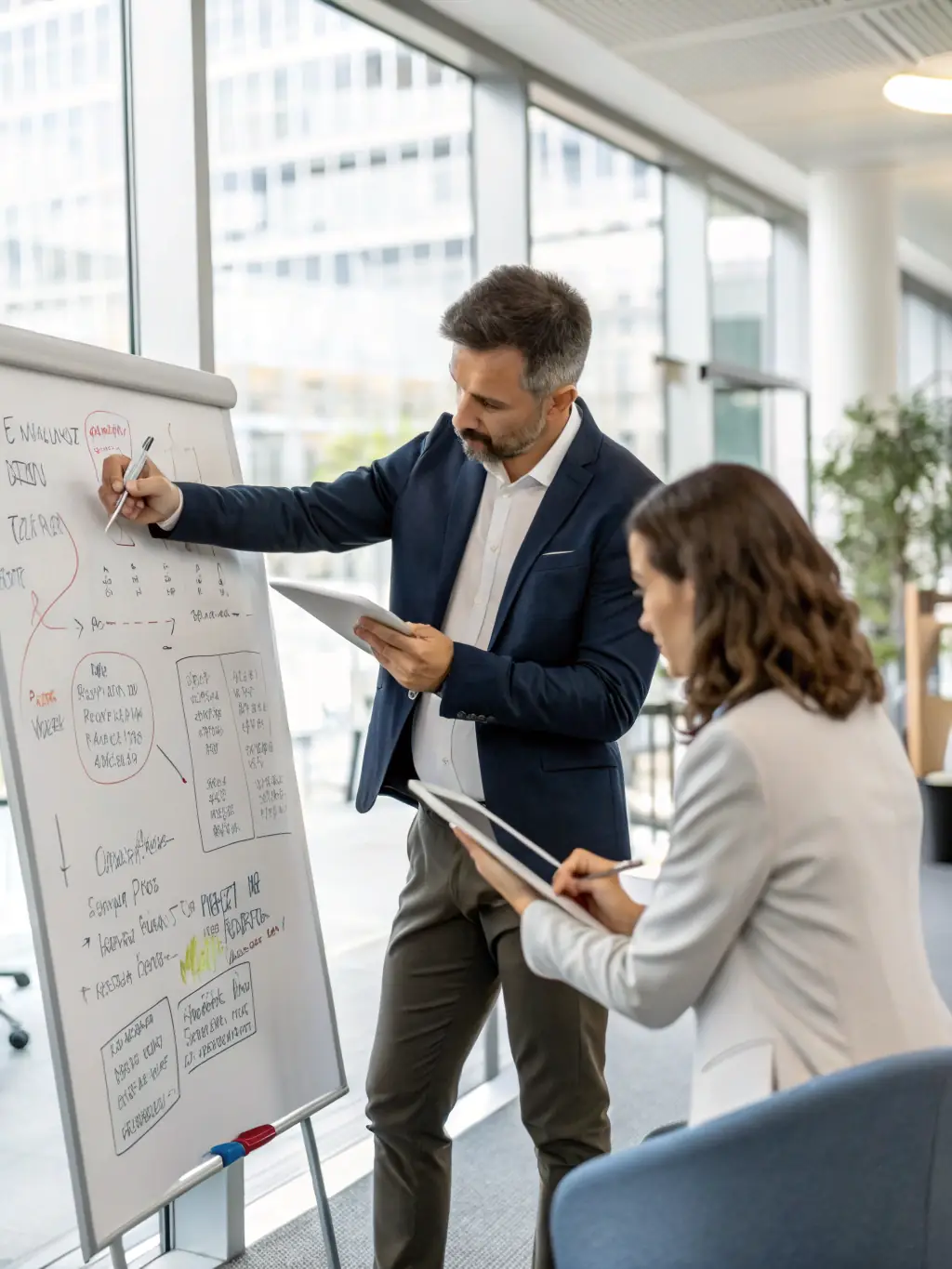 A diverse group of professionals participating in a leadership training session, with a whiteboard displaying key leadership principles, emphasizing team development.